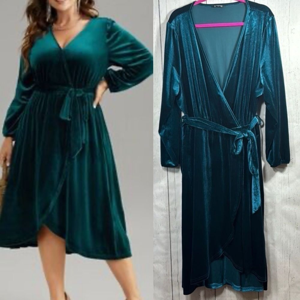 BloomChic Teal Velvet Wrap Dress Plus Size 26 Long Sleeve Tie Waist Party Glam